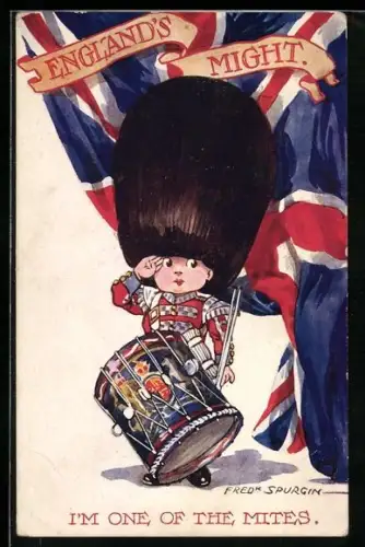 Künstler-AK Fred Spurgin: Englands Might, Kleiner englischer Trommler mit Bärenfellmütze