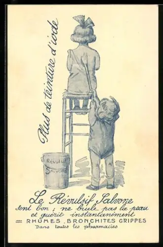 AK La Revulsif Salvone, Reklame, Junge bemalt den Rücken seiner kleinen Freundin mit Hustenbalsam