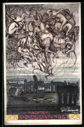 Künstler-AK Nach der Polizeistunde, Affen beim Trinken und Feiern