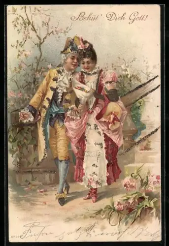 Lithographie Behüt` Dich Gott, Barock-Liebespaar