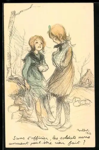 Künstler-AK Francisque Poulbot: zwei Mädchen mit gebrochenem Arm