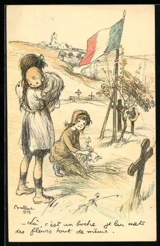 Künstler-AK Francisque Poulbot: Mädchen auf einem Friedhof