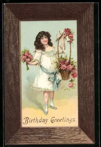 AK Junge Frau mit Rosenkorb, Geburtstagsgruss