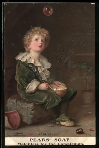 Künstler-AK Junge beobachtet eine Seifenblase Bubbles, Reklame für Seife Pears