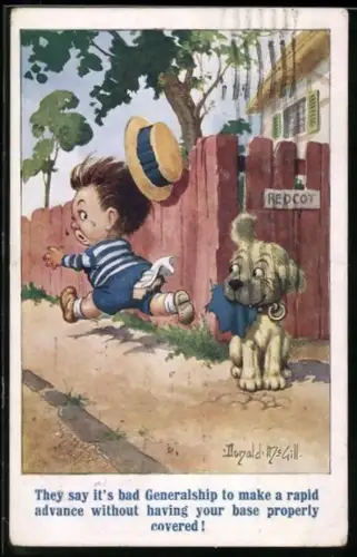 Künstler-AK Donald McGill: weinender Bube flüchtet vor einem Hund am Gartenzaun