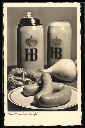 AK München, Weisswürste, Brezel und Bierkrug