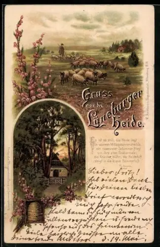 Lithographie Lüneburger Heide - Es ist so still, die Heide liegt..., Schäfer und Bienenkorb, Imkerei