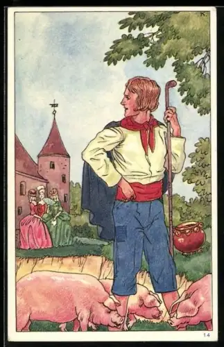 AK Märchen Der Schweinehirt, Prinz hütet die Schweine