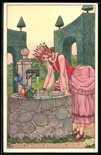 Künstler-AK Prinzessin am Brunnen im Märchen Froschkönig