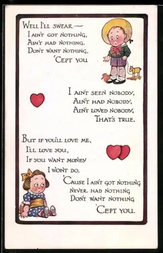 AK Zwei Kinder mit einem romantischen Gedicht, Herzen