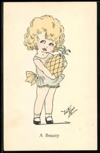 Künstler-AK sign. Dorotti Symes: kleines Mädchen trägt eine Ananas