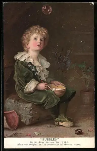 Künstler-AK Bubbles, kleiner Junge bläst Seifenblasen in die Luft