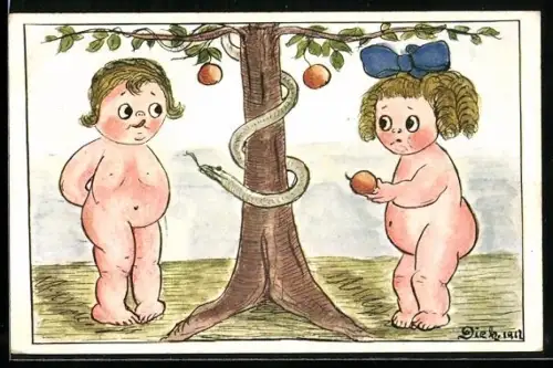 Künstler-AK sign. Diek: Adam und Eva am Apfelbaum mit Schlange