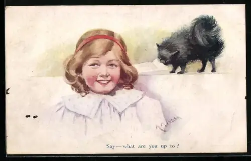 Künstler-AK Nash: Say - what are you up to?, Mädchen mit neugierigem Spitz