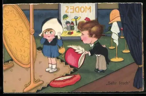 Künstler-AK Margret Boriss unsign.: Schneider reicht seiner Kundin im Geschäft einen Hut zur Anprobe vor dem Spiegel