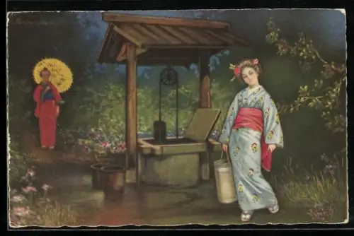 Künstler-AK E. Colombo: Wasserholerin an Brunnen, Japan, Geisha