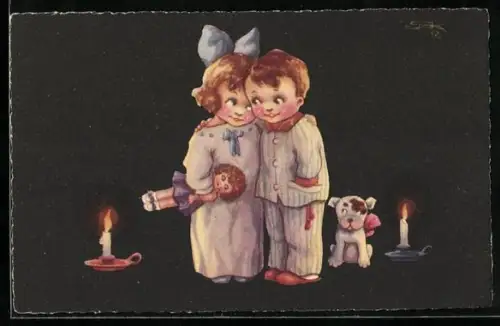 Künstler-AK Zwei Kinder mit Puppe und Hündchen