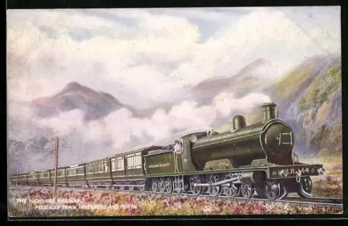 Künstler-AK The Highland Railway, Passenger Train, Inverness and Perth, englische Eisenbahn mit Lokomotive Nr. 44