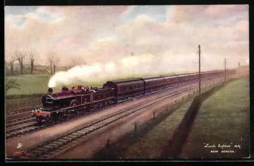 Künstler-AK englische Eisenbahn Leeds Express unter Volldampf