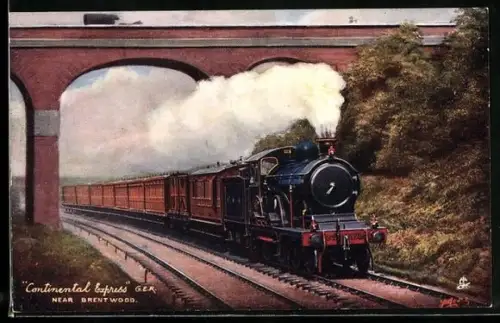 Künstler-AK englische Eisenbahn Continental Express der Gesellschaft G.E.R, in voller Fahrt