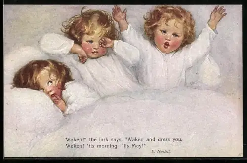 Künstler-AK M.Munk Nr.862: Wenn sie erwachen! drei Mädchen am Morgen