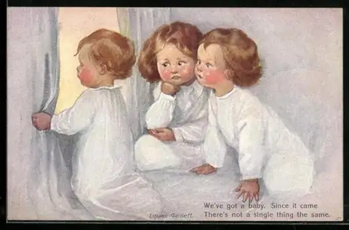 Künstler-AK M.Munk Nr. 862: Ein Blick in`s Leben, drei kleine Kinder schauen durchs Fenster