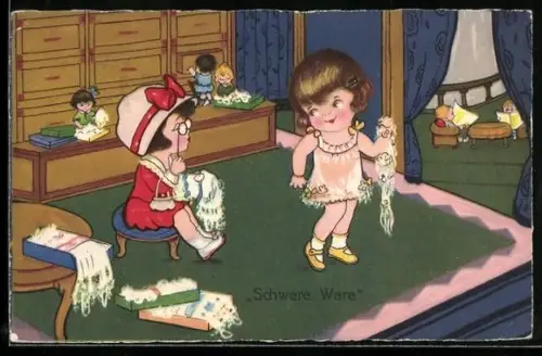 Künstler-AK Margret Boriss: Ansicht zweier Mädchen bei der Modenschau