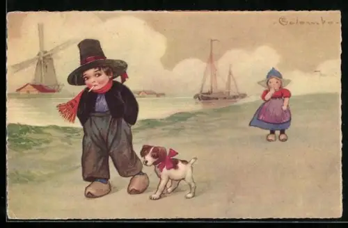 Künstler-AK E. Colombo: Kleine Niederländer und Hund