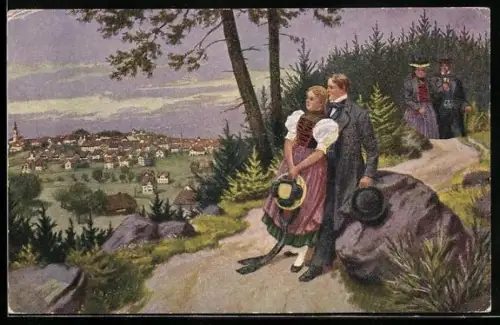 AK Schwarzwald Volkstrachten, St. Georgen, Paar geniesst die Aussicht