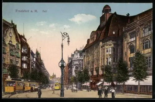 AK Frankfurt a. M., Blick in die Zeil mit Strassenbahnen
