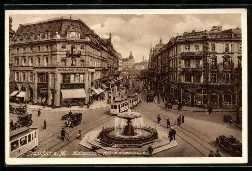 AK Frankfurt a. M., Kaiserplatz und Kaiserstrasse mit Geschäften, Strassenbahn