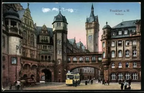 AK Alt-Frankfurt, eine Strassenbahn vor dem Rathaus