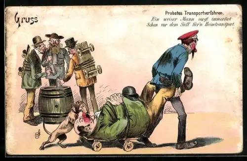 AK Betrunkener Mann zieht einen anderen Betrunkenen mit sich, an den ein Rollbrett gebunden ist