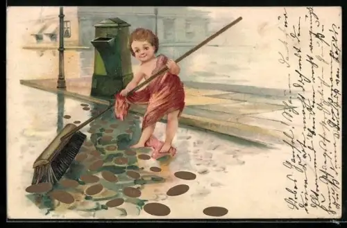AK Kind fegt Geldmünzen von der Strasse, Neujahrsgruss