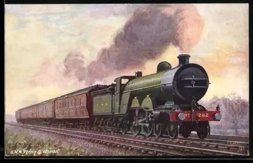Künstler-AK G.N.R. Flying Scotsman, englische Eisenbahn mit Lokomotive Nr. 282