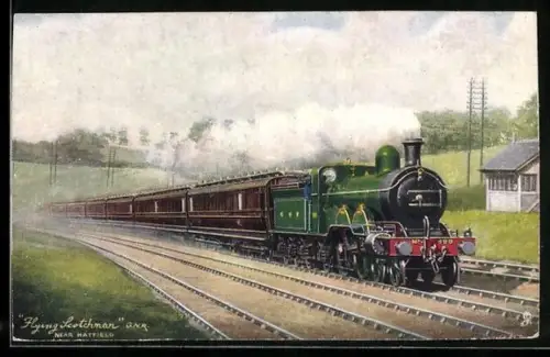 Künstler-AK Englische Eisenbahn Flying Scotchman near Hatfield