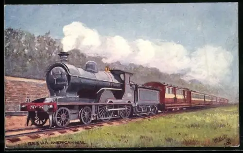 Künstler-AK englische Eisenbahn der Gesellschaft G.S. & W.R., American Mail in voller Fahrt