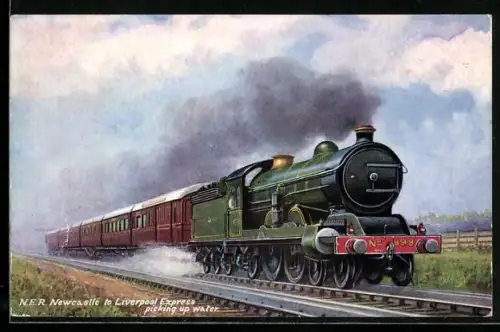 Künstler-AK N.E. Railway, Newcastle to Liverpool Express, picking up water, englische Eisenbahn