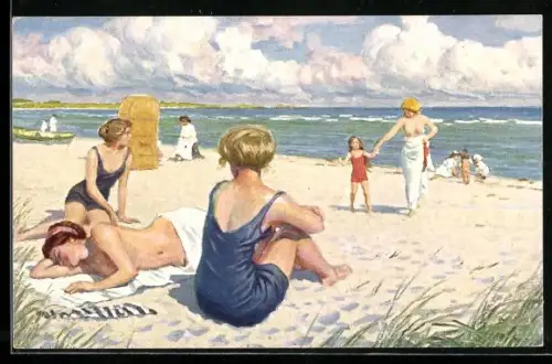 Künstler-AK Paul Fischer: Badeleben, Frau mit nacktem Oberkörper am Strand, Frauen in Badeanzügen