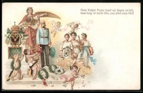 Lithographie Er, den Öst`reichs Krone fünfzig Jahre schmückt..., Kaiser Franz Josef I.