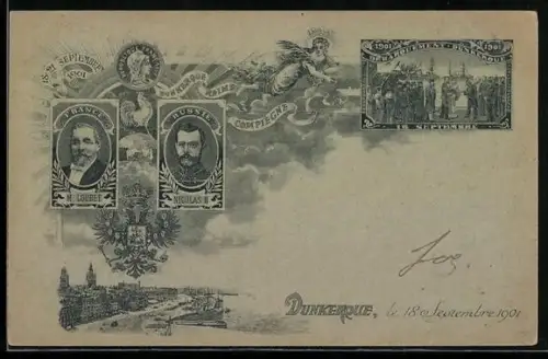 Lithographie Dunkerque, Portraits M. Loubet & Nicolas II., Ortsansicht und Stadtwappen