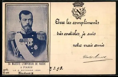 AK Sa Majeste L`Empereur de Russie Nicolaus II. à Paris 1896