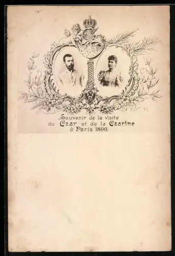 AK Zar Nikolaus II. von Russland und Zarin Alexandra, Erinnerungskarte an den Besuch in Paris 1896