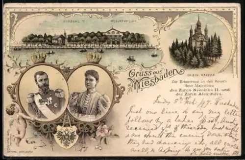 Lithographie Wiesbaden, Zar Nikolaus II. von Russland und Zarin Alexandra, Kursaal u. Musikpavillon, Griech. Kapelle