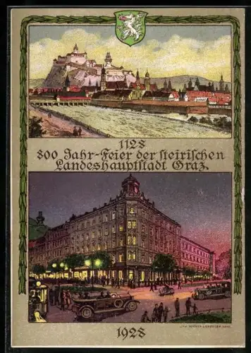 AK Graz, 800 Jahrfeier der Stadt 1128-1928, Strassenpartie, Gesamtansicht, Strassenbahn, Wappen