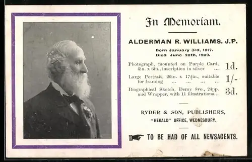 AK Wednesbury, Ryder and Son, Publishers, Herald Office, In Memoriam Alderman R. Williams J. P., Portrait
