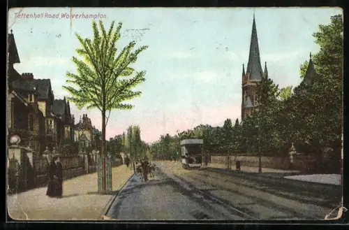 AK Wolverhampton, Tettenhall Road with Church and Tramway, Strassenbahn