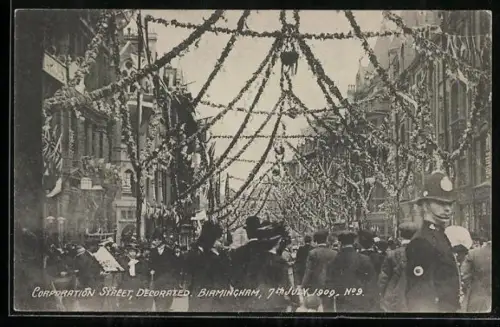 AK Birmingham, Corporation Street, Decorated, 7th July 1909