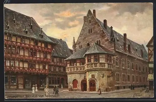 Künstler-AK Halberstadt, Rathaus vom Fischmarkt