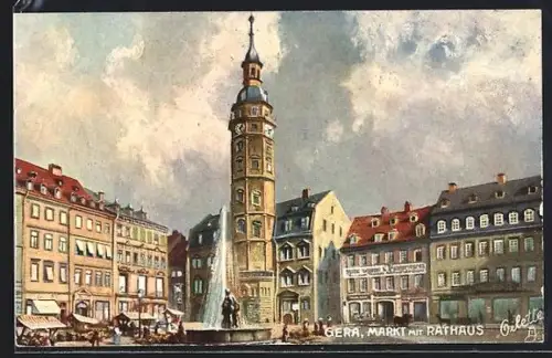 Künstler-AK Gera, Markt mit Rathaus